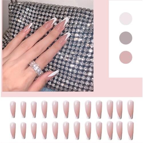 24pcs fake nails french manicure White eage French trapezoid super long False nails Detachable gauze Manicure patch