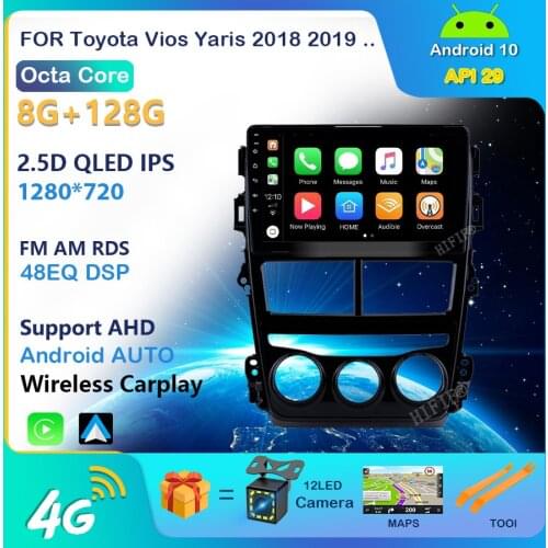 For Toyota Vios Yaris 2018 2019 2 DIN Car Radio Multimedia System GPS Autoradio Head Unit Android 10 Carplay DSP 9" With Frame