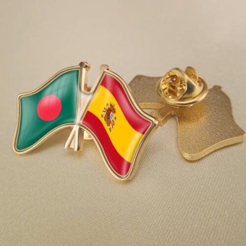 Bangladesh and Spain Crossed Double Friendship Flags Lapel Pins Brooch Badges