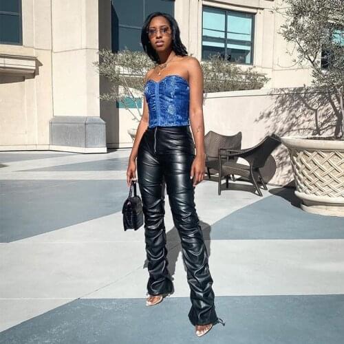 Faux Leather Pants Cyber Y2K Vintage Stacked Zipper Side Slit Drawstring Pencil Pants Trend Streetwear Slim Outfits