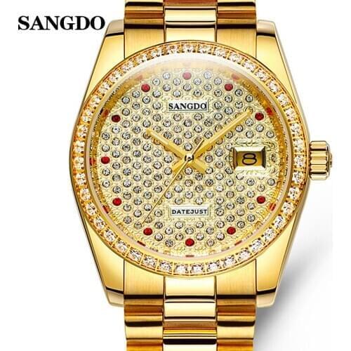Luxury SANGDO watch men gold Stainless steel Automatic mechanical Sapphire glass waterproof calendar watch relogio masculine