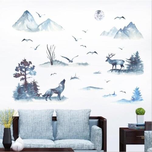 Ink Mountain Forest Wolf Deer Bird Stickers Bedroom Living Room Removable Self-adhesive Decorative Scenery Wall Stickers
