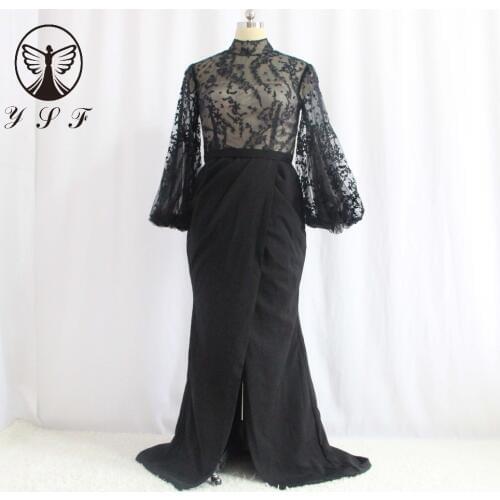 Designer Prom Dresses Black High Collar Lace Puffy Long Sleeve Thigh Side Slit Mermaid Vestidos De Formature