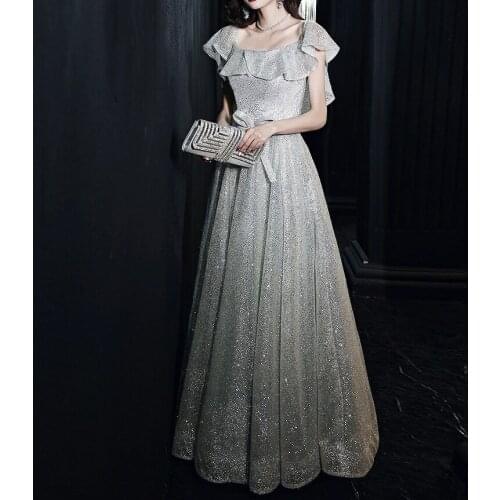 Silver Gold Prom Dresses Boat Neck Long Crystal Starry Sky Off the Shoulder A-Line Party Formal Celebrity Cocktail Gown 2021 New