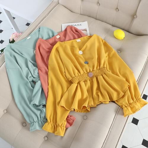 Elegant Women Flare Sleeve V-neck Basic Chiffon Ruffles Shirt Vintage Elastic Slim Cardigan Button Pleated Pullover Blouse Tops