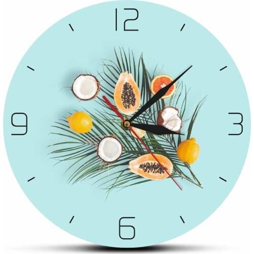 Fruits and Palm Leaves on Pastel Blue Background New Nordic Fashion Printed Acrylic Wall Clock Tropical Fruits Summer Concept