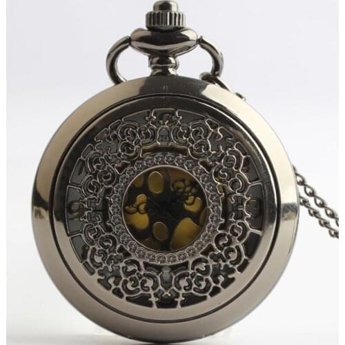 Hot Sell Black Hollowed Flower Flip Quartz Pocket Watch Gold Dial Men and Women Christmas Gift Watch 50pcs/lot Wholesale