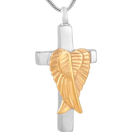 IJD9734 Golden Angel Wing Feather Wrapped Cross Cremation Pendant Ashes Hoder Keepsake Memorial Urn Jewelry Stainless Steel