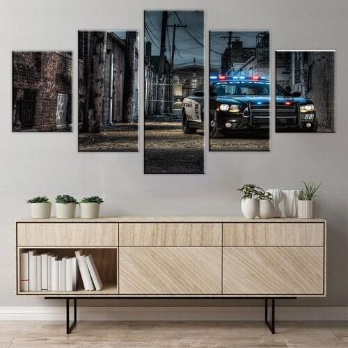 HD Canvas Art Print Painting For Living Room Wall Decor 5 Pieces Police Patrol Street Car Picture Poster