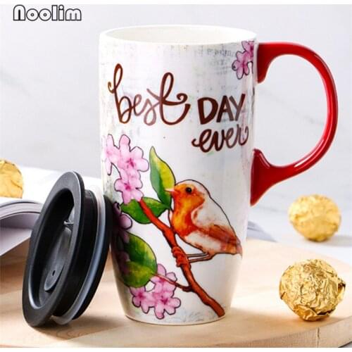 Ceramic Hand Painted Coffee Mug with Lid Bone China Large Capacity Office Tea Cup Couple Breakfast Milk Mug Drinkware 500ML