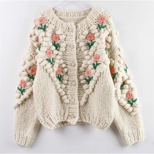 ZITY 2020 New Women Winter Handmade Sweater And Cardigans Floral Embroidery Hollow Out Chic Knit Jacket Pearl Beading Cardigans