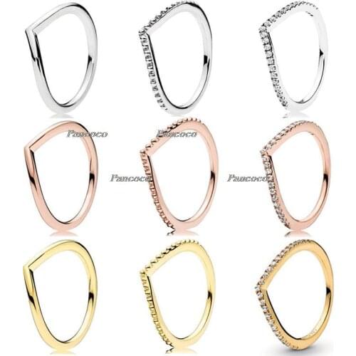 Authentic 925 Sterling Silver Wish Bone Ring Set With Crystal Stack Rings For Women Wedding Party Europe Fashion Jewelry