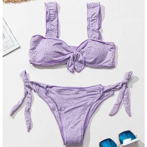 2021 Hollow Breathable Fabric Bandage Swimsuits Women Teens Low Waisted Thong Tie Side Bathing Suit Tie Knot Triangle Bikini Set