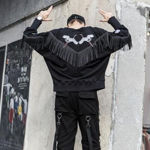 Men autumn tassel design hip hop punk hoodie japanese streetwear mens harajuku casual crewneck sweatshirt nightclub DJ clothing
