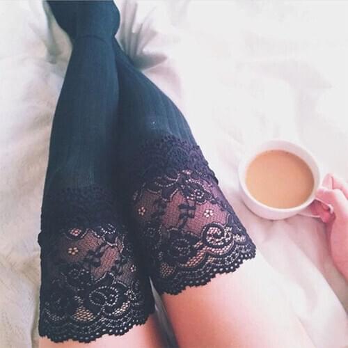 New Fashion 3 Colors Striped Thigh High Stockings Women Lace Sexy Cotton Stocking Autumn spring Knee Socks Over The Knee