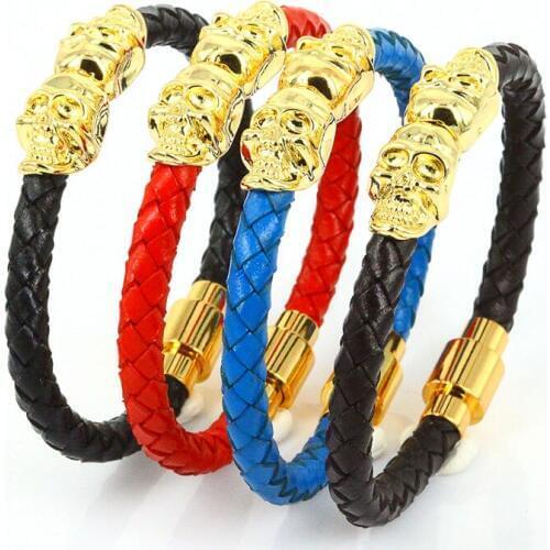 New Brand Wholesale Fashion Punk Genuine Leather Bracelet in Colors with Twin Skeleton Skull Charm Men Bangles & Bracelets Gift
