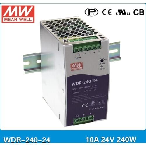 Original MEAN WELL WDR-240-24 240W 10A 24V Industrial DIN Rail Power Supply 24V 24W Single and two phase wide input with PFC
