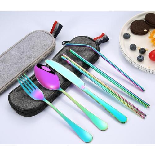 Portable flatware set 5 colors tableware 8pcs/sets outing dinnerware stainless steel straw brush spoon fork chopsticks knife