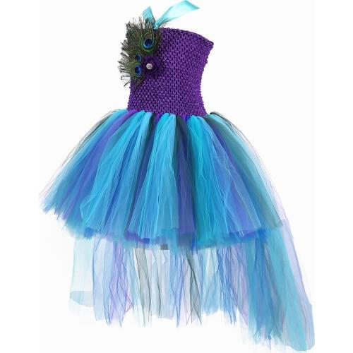 Princess Peacock Party Tutu Trailing Dress For Girls Handmade Peacock Feather Girls Ball Gown Dresses For Photo props Birthday