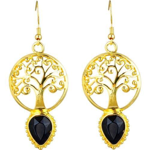 TUMBEELLUWA Teardrop Black Onyx Tree of Life Dangle Drop Hook Earrings for Women