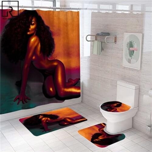 Sexy Black Women Printed Shower Curtain Polyester Bathroom Bathtub Screen American Girl Bath Mat Set 3pcs/4pcs Set Toilet Decor
