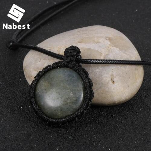 Women Men Natural Gem Stone 25mm Pendant Crystal Tiger Eye Lapis Lazuli Labradorite Necklace Waxed Rope Braided Wrap Jewelry