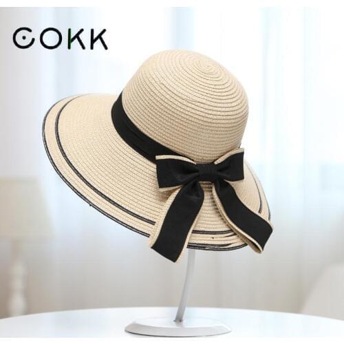COKK Sun Hat Big Black Bow Summer Hats For Women Foldable Straw Beach Panama Hat Visor Wide Brim Femme Female New