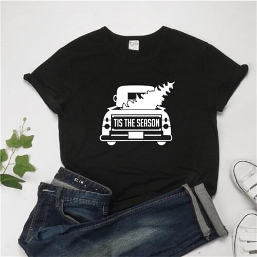Ladies Harajuku Vintage Xmas T shirt Tis The Season Letter Print Women Christmas T-shirt Cute Car Christmas Tree Graphic Tshirts
