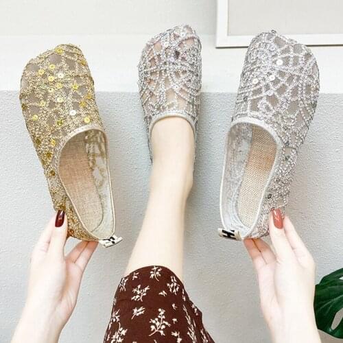 2021 summer new hollow mesh lace square toe womens shoes flat shallow mouth rhinestone peas shoes mesh single shoes women