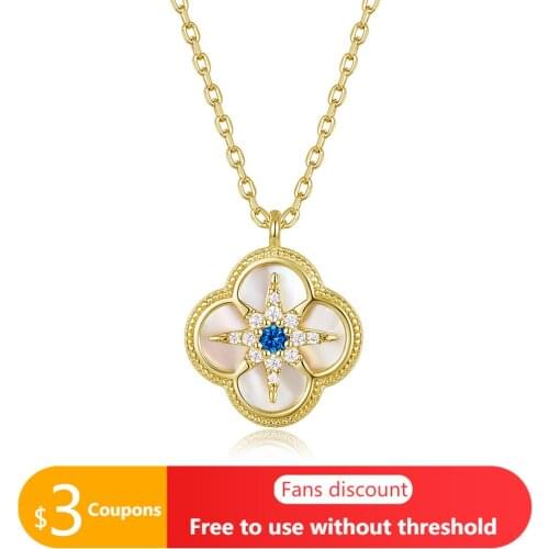 AGATA 925 Sterling Silver 14K Gold Plated Shell Beads Flowers Pendant Necklace for Women Lady Elegant Crystal Jewelry Necklace