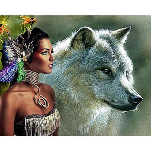 DIY Full Diamond Painting Rhinestones wolf Indian girl Full Round Diamond 5D DIY Diamond Embroidery Cross Stitch