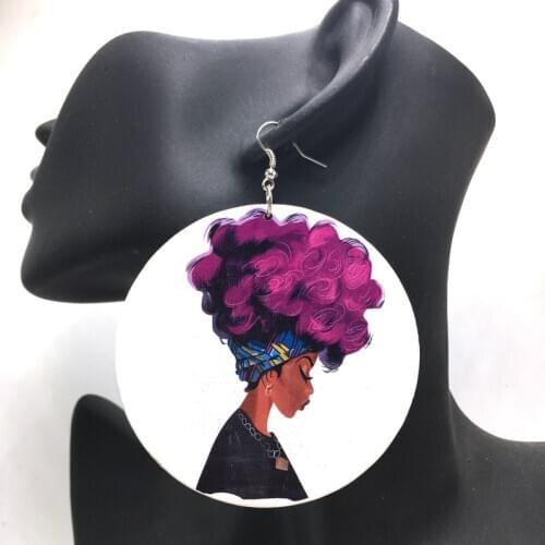 Free Shipping! African Black Women With Purple Hair Afro Hairstyle Wood Earrings