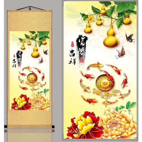 Auspicious Ruyi Nine Fish Figure Silk Simple Scroll Painting Calligraphy Chinese Style Fengshui Home Decoration