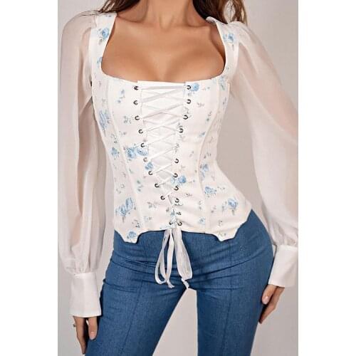 LZI0805 Womens Elegant Blouse Casual Sheer Mesh Floral Print Eyelet Lace Up Top Summer Fashion White Bandage Corset Shirts 2021