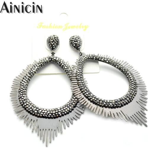 5pcs Big Circle Rhinestone Crystal Paved Feather Copper Dangle Earrings Gun Metal Silver Gold Plating Birthday Gift Jewelry