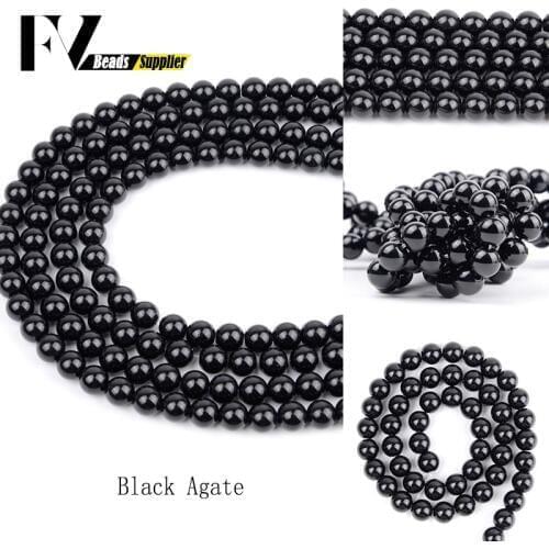 Natural Stone Smooth Black Agates Gem Beads Round Loose Besds for Jewelry Making 4 /6/8/10/12mm Diy Bracelets Accessories 15