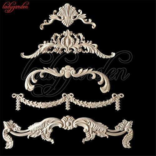 Decorative Wood Appliques Woodcarving Furniture Vintage Home Decoration Wooden Corner Applique Carved Long Flower Miniature