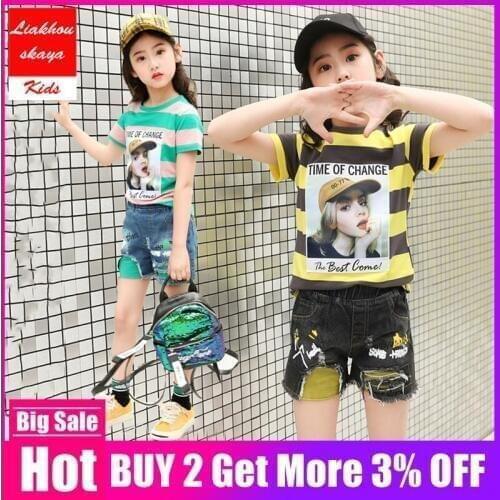Liakhouskaya Children Sets For Girls 2019 New Style Teenage Girl Clothing Set Short Shirt + Denim Pant Children Kids Clothes
