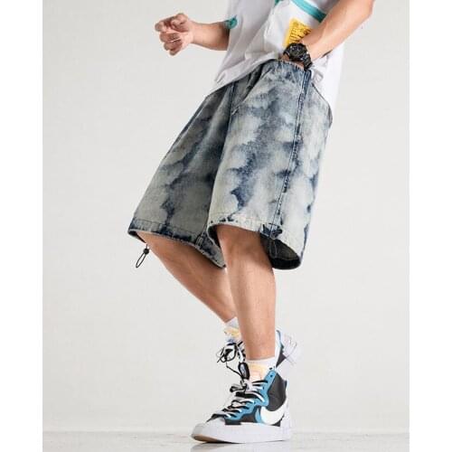 Tie-dyed Wide-leg Jeans Trendy Oversize Casual Drawstring Washed Denim Mid-pants Thin Hiphop Streetwear Straight Shorts Summer