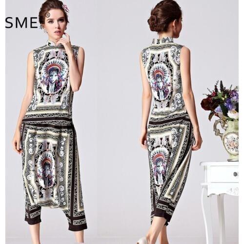 Factory wholesale Cartoon printed sleeveless shirt + split skirt European fashion brand harem pants two pieces suits sets wq2308
