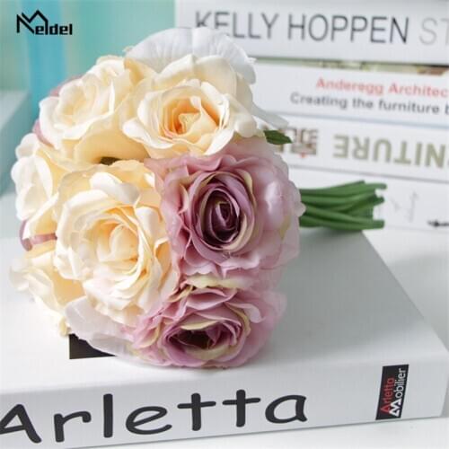 Purple Silk Rose Orchid Artificial Flowers Small Fake Flowers Bridal Bouquet for Wedding Home Decor Party Fake Flowers Bundle