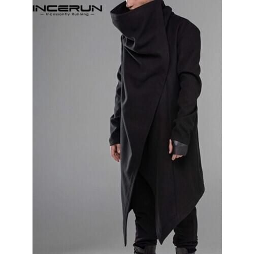 INCERUN Fashion Men Cloak Coats Turtleneck Streetwear Solid Long Sleeve Men Ponchos Outerwear Punk Style Irregular Jackets S-5XL