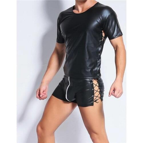 Mens Clothes Set Mens Undershirts PU Leather T Shirts & Shorts Hollow Out Gay Men Underwear Stage Dance Night Clubwear