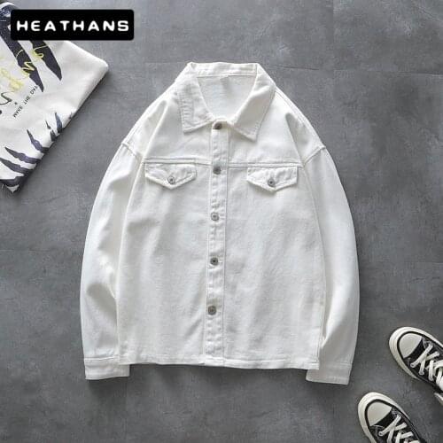 New Style White Denim Jacket Mens Loose Japanese Style Denim Jacket For Male Solid Color Simple Handsome Oversize Denim Clothes