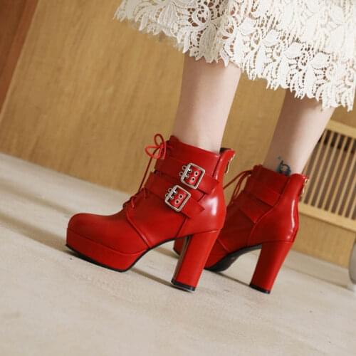 Ochanmeb Double Belt Buckle Boots Women Block High Heels Platform Ankle Boots Woman Round Toe Cross Tied Bow Zipper Booties Red