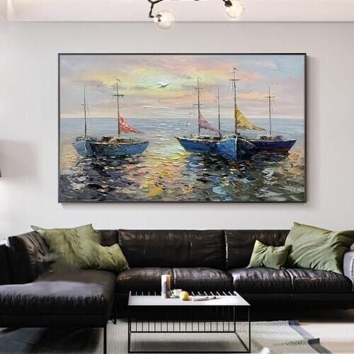 Hand Painted Oil Painting On Canvas Sailing Boats Sunrise Landscape Paintings Artwork For Living Room Wall Decorative Unframed