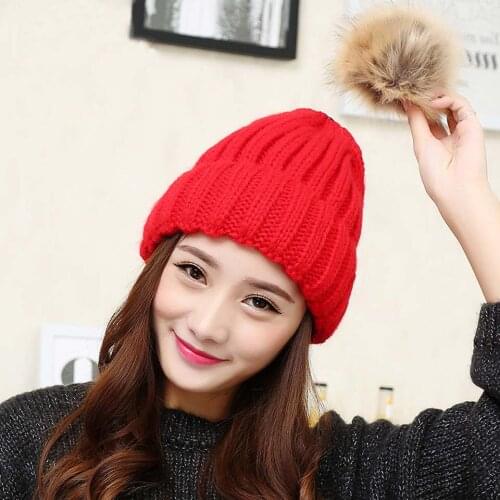 Fur Ball Cap PomPoms Winter Hat for Women Baby Boy Girl 's Hat Knitted Beanies Cap Kids Skullies Parent-child Thick Knitted Hat