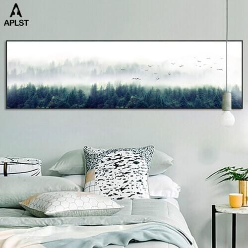 Nordic Mountain Foggy Forest Nature Print Poster Scandinavian Tree Birds Canvas Painting Decorative Picture Wall Art for Bedroom