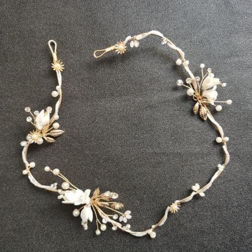 SLBRIDAL Handmade Crystal Rhinestone Pearl Ceramic Flower Wedding Hair accessories Hair Vine Bridal Tiara Headband Women Jewelry