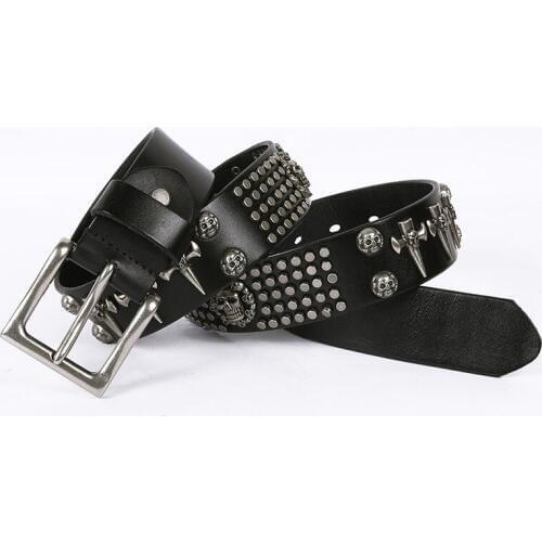 Ta-weo) Fashion Men Personality Skull-head Rivet Genuine Leather Belts, Punk Leather Belt Rock Hip Hop Belt